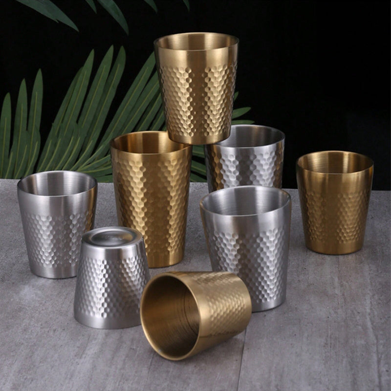 1pc Hammered Surface Double Layer Stainless Steel Insulated Water Cup, Slip Resistant, Shockproof, Insulated & Refrigerated, Multiple Capacities Available, For Daily Use At Home Or At The Office Cafeteria Or Buffet Restau