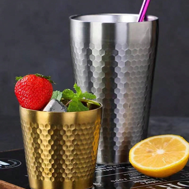 1pc Hammered Surface Double Layer Stainless Steel Insulated Water Cup, Slip Resistant, Shockproof, Insulated & Refrigerated, Multiple Capacities Available, For Daily Use At Home Or At The Office Cafeteria Or Buffet Restau