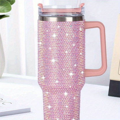 40oz Stainless Steel Car Cup With Handle And Rhinestone Decoration, Vacuum Insulated And Comes With A Straw, 1pc