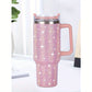 40oz Stainless Steel Car Cup With Handle And Rhinestone Decoration, Vacuum Insulated And Comes With A Straw, 1pc