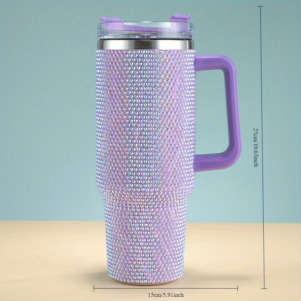 40oz Stainless Purple Steel Car Cup With Handle And Rhinestone Decoration, Vacuum Insulated And Comes With A Straw, 1pc