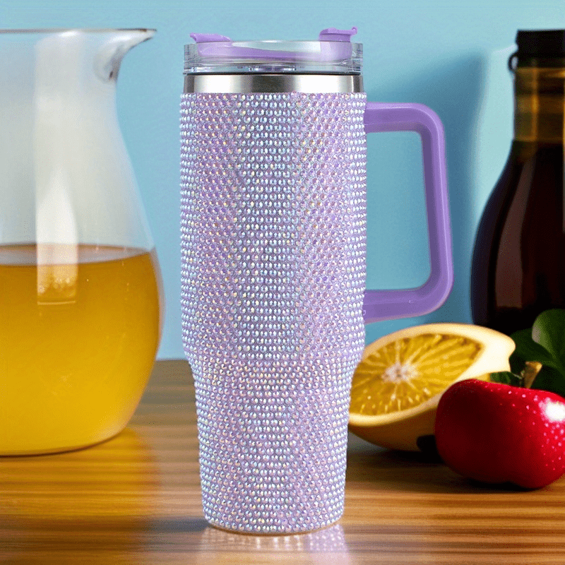 40oz Stainless Purple Steel Car Cup With Handle And Rhinestone Decoration, Vacuum Insulated And Comes With A Straw, 1pc