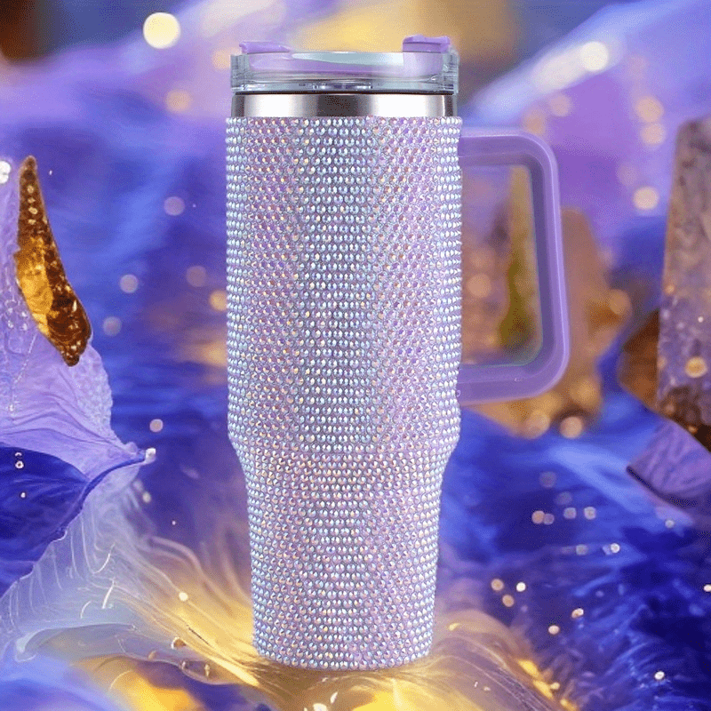 40oz Stainless Purple Steel Car Cup With Handle And Rhinestone Decoration, Vacuum Insulated And Comes With A Straw, 1pc