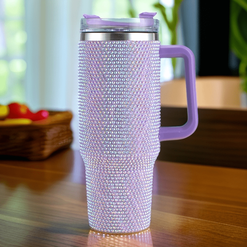 40oz Stainless Purple Steel Car Cup With Handle And Rhinestone Decoration, Vacuum Insulated And Comes With A Straw, 1pc