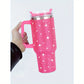 Gorgeous 40oz Stainless Steel Water Bottle with Handle and Rhinestone Decoration in Pink, Vacuum Insulated and Includes a Straw - 1pc.