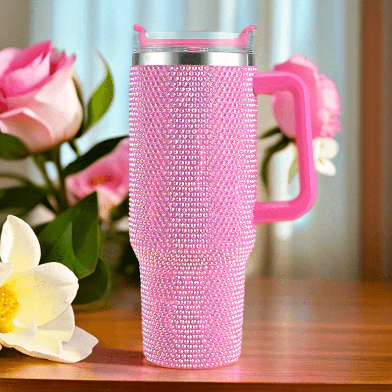 Gorgeous 40oz Stainless Steel Water Bottle with Handle and Rhinestone Decoration in Pink, Vacuum Insulated and Includes a Straw - 1pc.