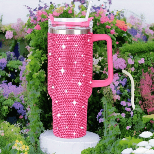 Gorgeous 40oz Stainless Steel Water Bottle with Handle and Rhinestone Decoration in Pink, Vacuum Insulated and Includes a Straw - 1pc.