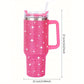 Gorgeous 40oz Stainless Steel Water Bottle with Handle and Rhinestone Decoration in Pink, Vacuum Insulated and Includes a Straw - 1pc.