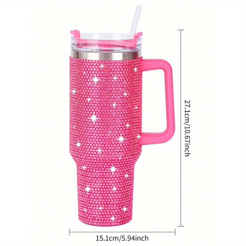 Gorgeous 40oz Stainless Steel Water Bottle with Handle and Rhinestone Decoration in Pink, Vacuum Insulated and Includes a Straw - 1pc.