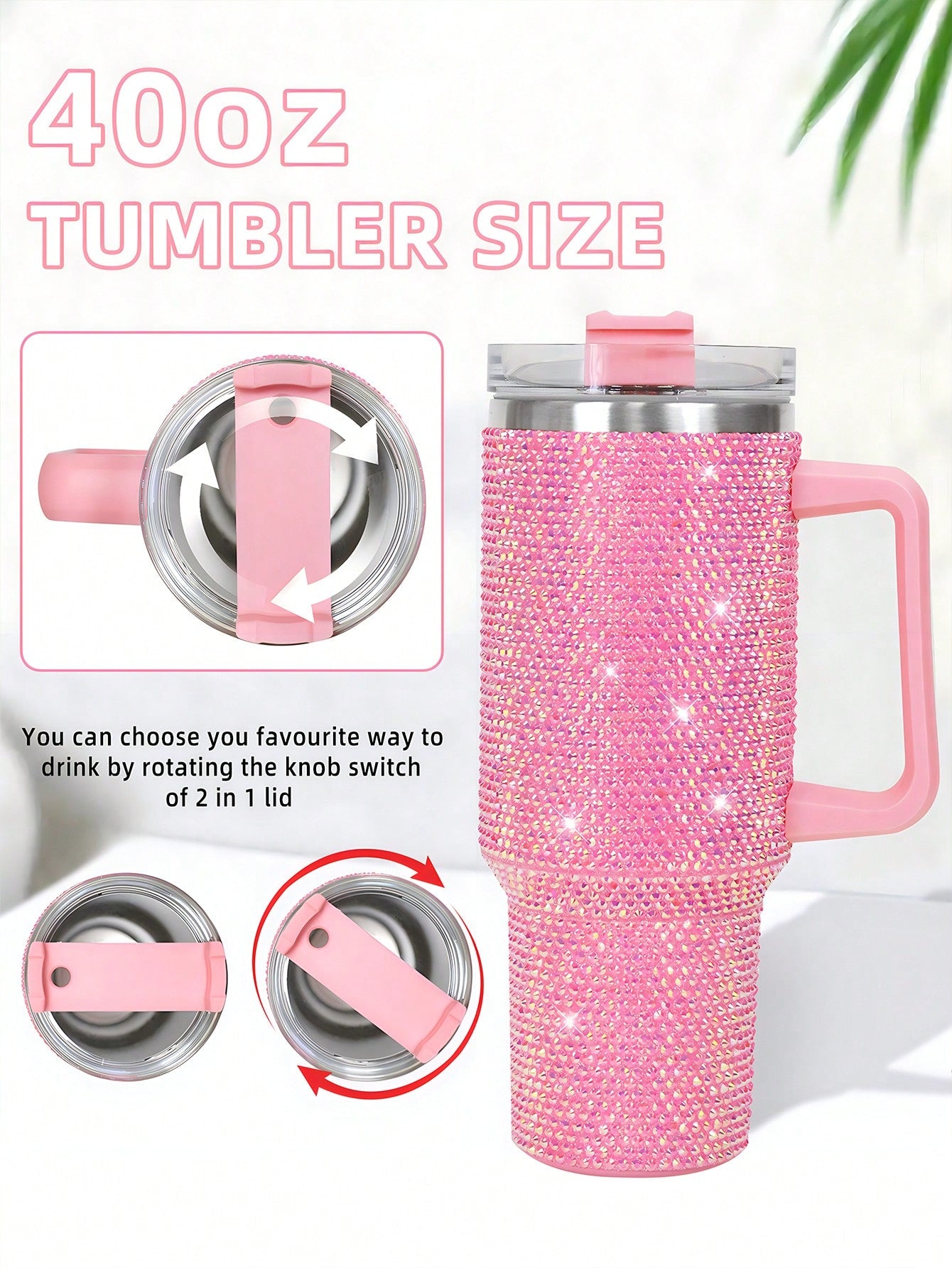 40oz Stainless Steel Car Cup With Handle And Rhinestone Decoration, Vacuum Insulated And Comes With A Straw, 1pc