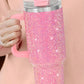 40oz Stainless Steel Car Cup With Handle And Rhinestone Decoration, Vacuum Insulated And Comes With A Straw, 1pc