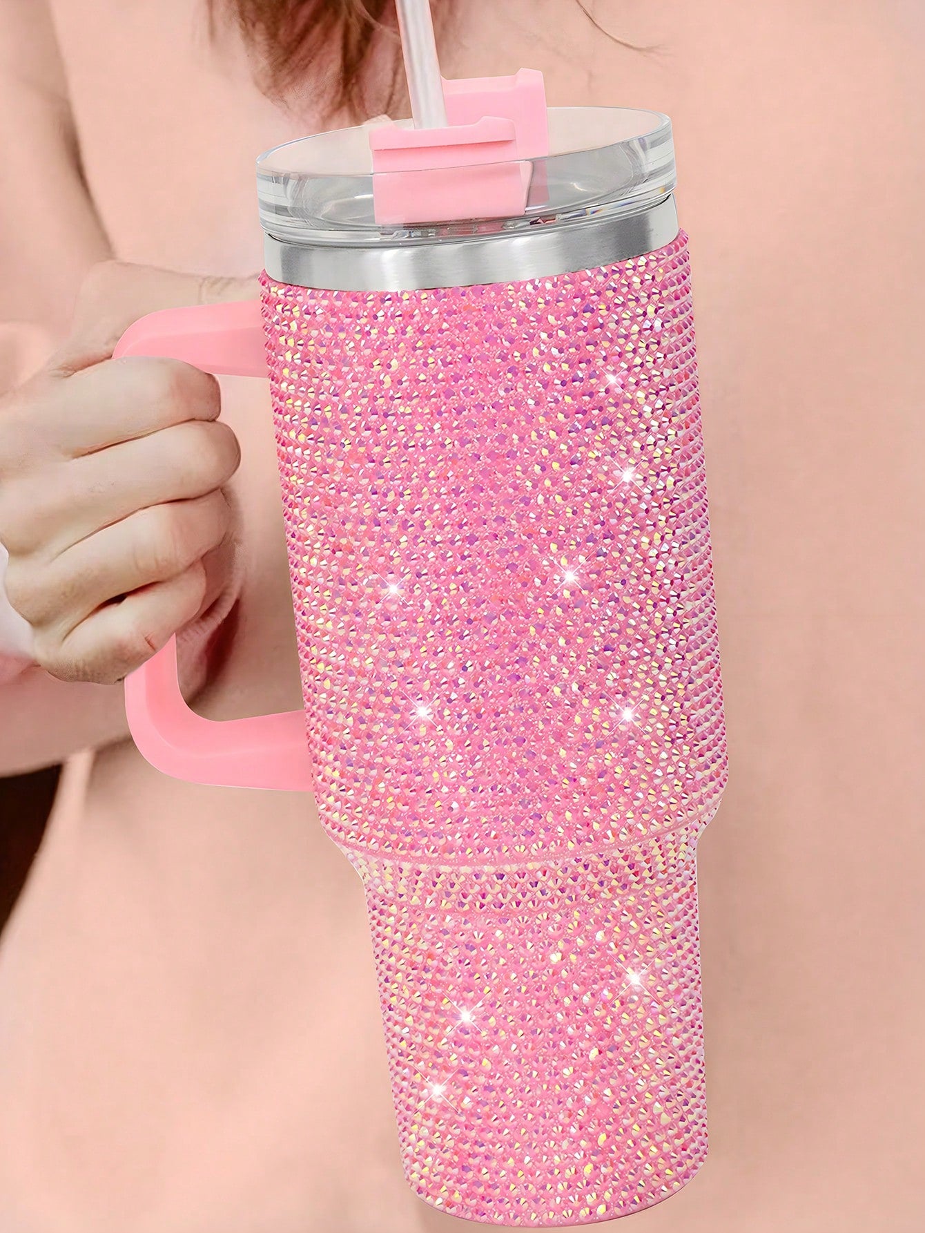 40oz Stainless Steel Car Cup With Handle And Rhinestone Decoration, Vacuum Insulated And Comes With A Straw, 1pc