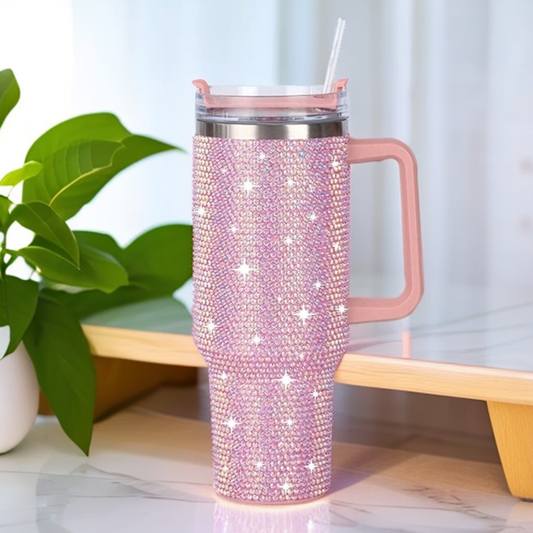 40oz Stainless Steel Car Cup With Handle And Rhinestone Decoration, Vacuum Insulated And Comes With A Straw, 1pc