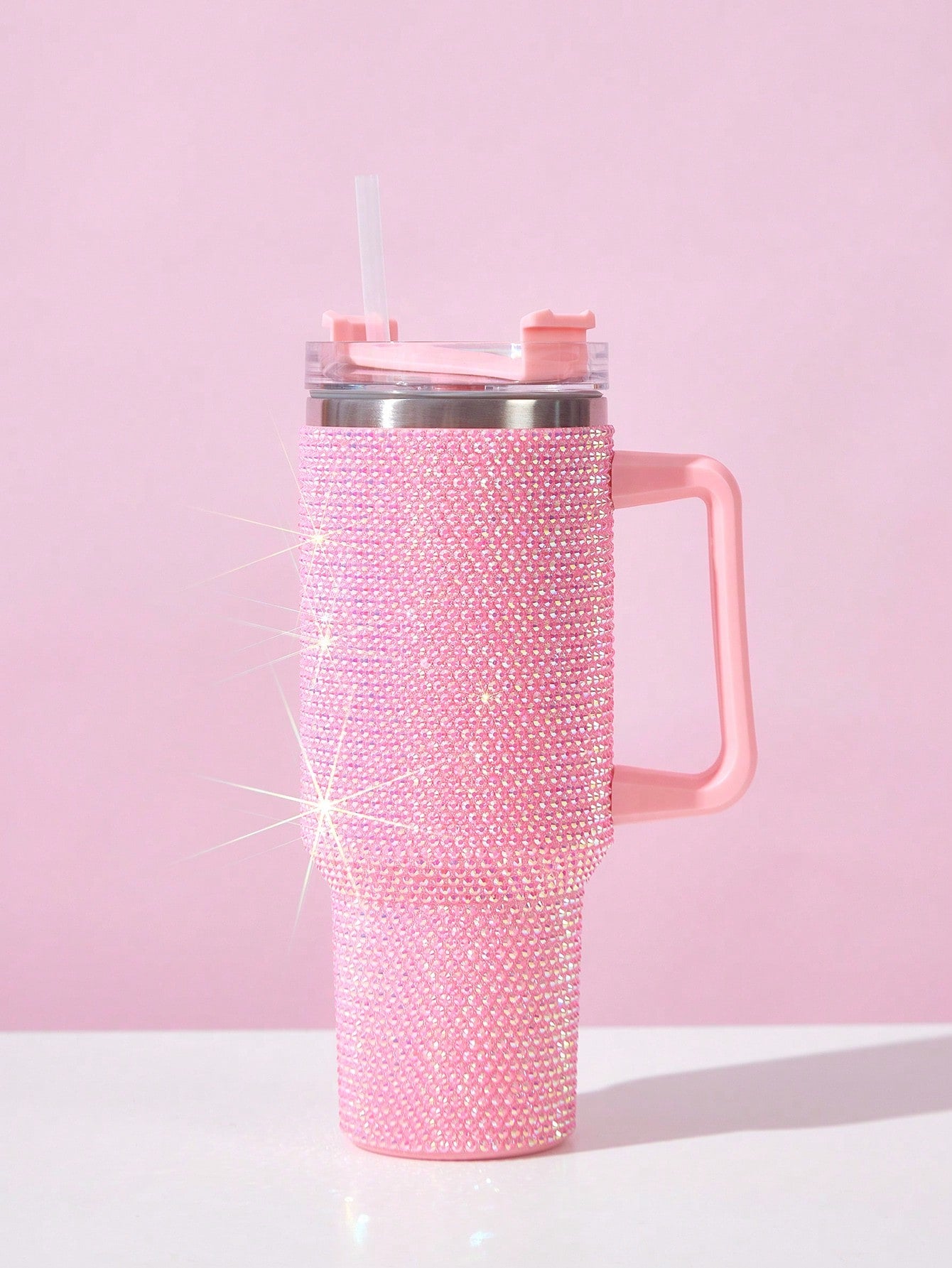 40oz Stainless Steel Car Cup With Handle And Rhinestone Decoration, Vacuum Insulated And Comes With A Straw, 1pc